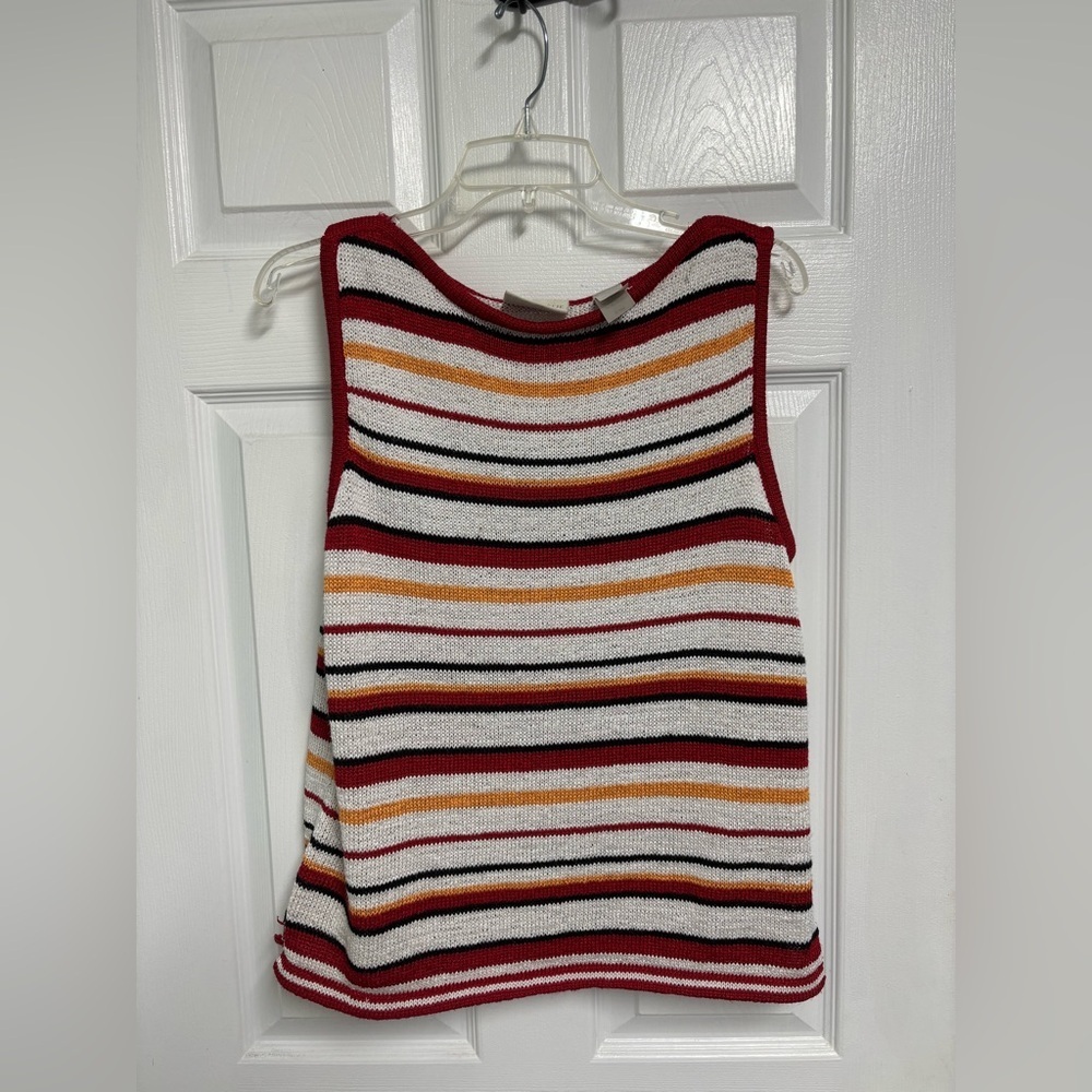 First Issue Liz Claiborne Striped Knit Sweater Tank Top Retro White Red Mustard